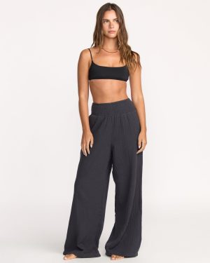 New Waves Gauze Elastic Waist Pants - Black Sands